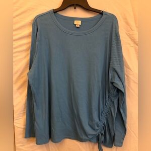 3X a new day Cotton Blend Blue Ribbed Long-Sleeve Top with Ruched Side Tie